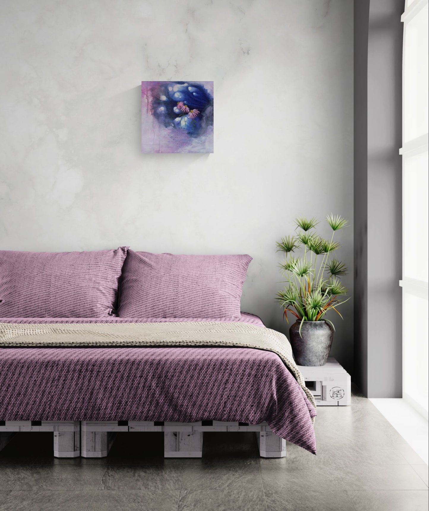 "The Hidden Place" is original abstract impressionism floral wall art in blue, pink, purple, and white with a dreamy aesthetic of echinacea flowers revealed in a secret space in a minimalist bedroom with bright light.