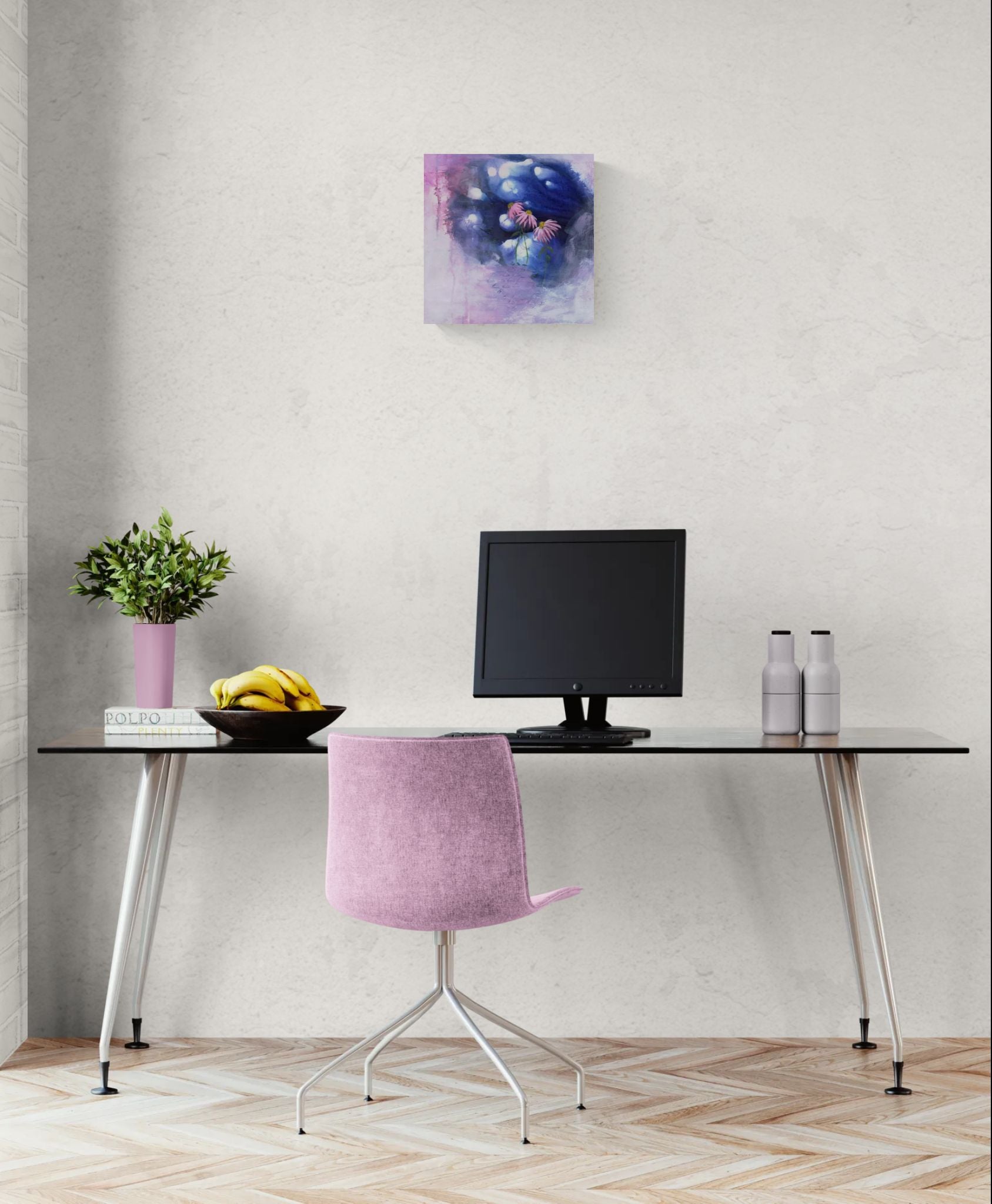 "The Hidden Place" is original abstract impressionism floral wall art in blue, pink, purple, and white with a dreamy aesthetic of echinacea flowers revealed in a secret space in a modern office above desk.
