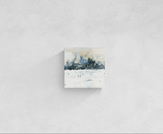 Abstract original mixed media wall art, titled "Turn to the Horizon" by Little Haven Art Studio, in blue, black, white acrylic, with vintage paper and plaster elements on a wood substrate.