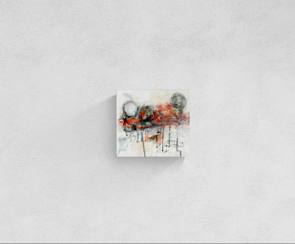 Abstract original mixed media wall art, titled "Unleashing to Move Forward" by Little Haven Art Studio, with red, black, and gray elements, and a wax-style effect applied, on a wood substrate.