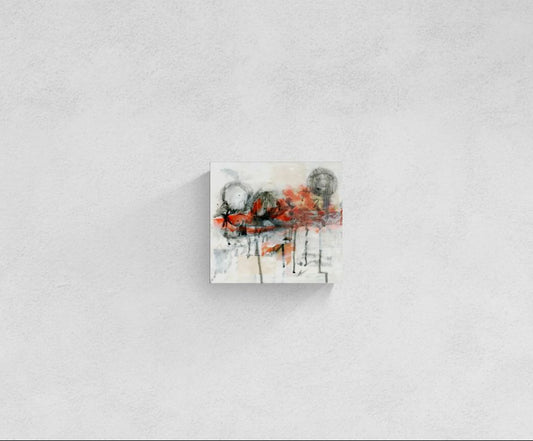 Abstract original mixed media wall art, titled "Unleashing to Move Forward" by Little Haven Art Studio, with red, black, and gray elements, and a wax-style effect applied, on a wood substrate.